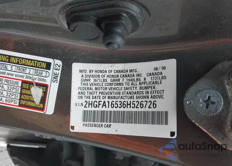 2006 Honda Civic Lx from USA, damaged, VIN 2HGFA16536H526726